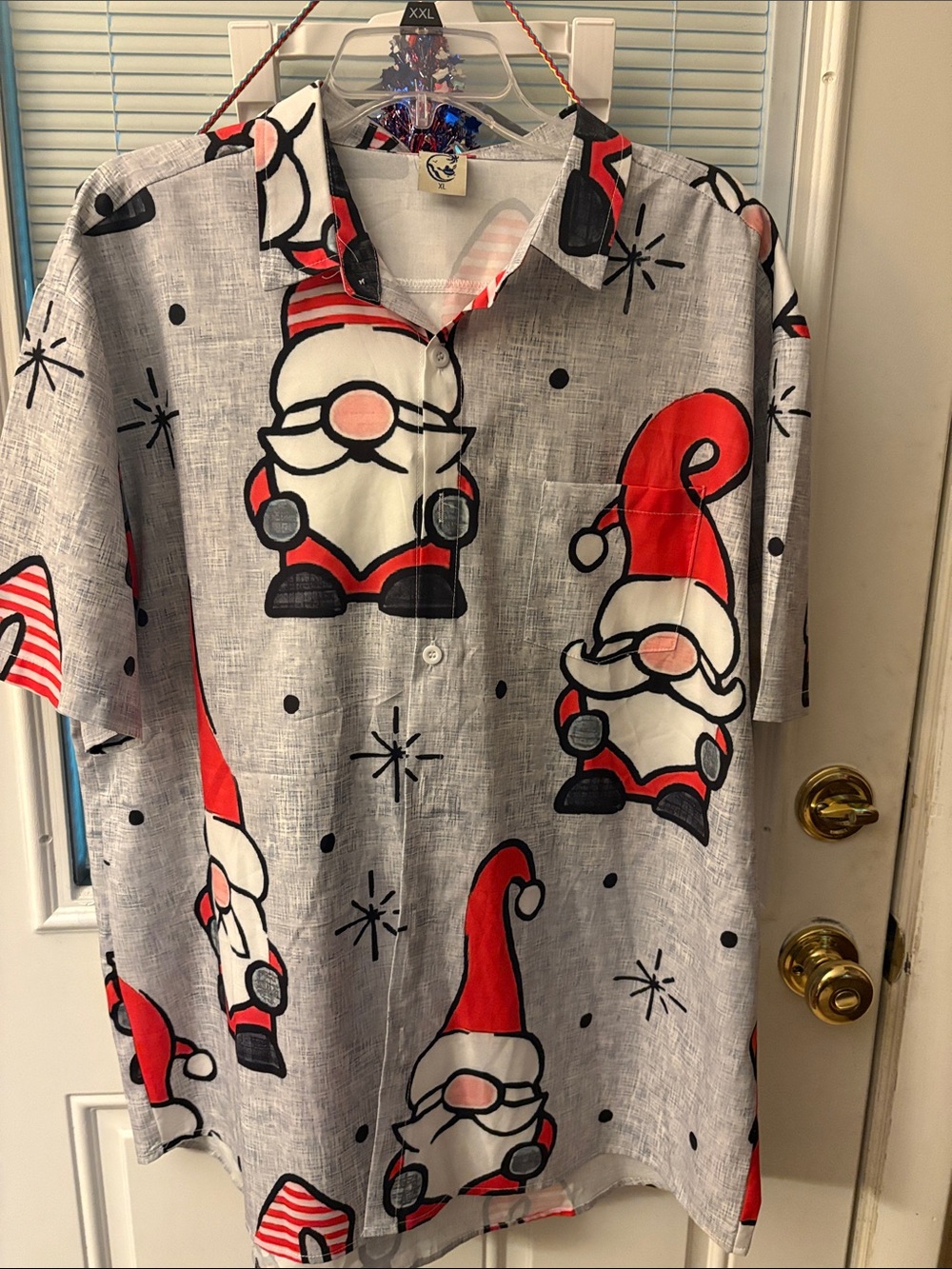 Men’s Holiday Button Down Short Sleeve Shirt with Red Santa Gnome Print Size XL
